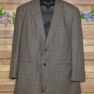 Oscar De La Renta 48L Brown Windowpane Plaid Wool Cashmere Blazer Sport Coat
